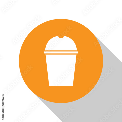 White Paper glass and water icon isolated on white background. Soda drink glass. Fresh cold beverage symbol. Orange circle button. Vector Illustration