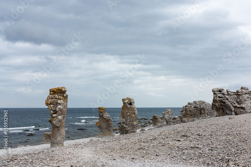 Limestone rock formations called Raukar at Langhammars in Faro Island, Sweden. The location was used by Ingmar Bergman when filming the 1968 film Shame.