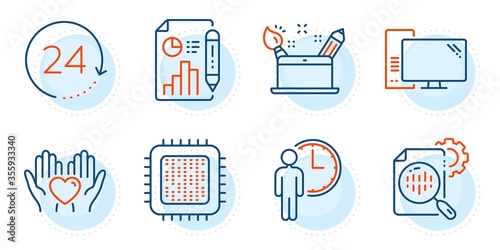 Hold heart, Cpu processor and Waiting signs. Report document, Seo stats and Computer line icons set. Creativity concept, 24 hours symbols. Growth chart, Cogwheel. Business set. Vector