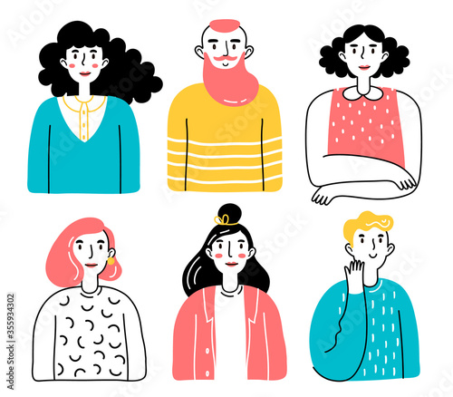 People portraits set. Illustration of men and women, male and female avatars. Vector design of different characters.