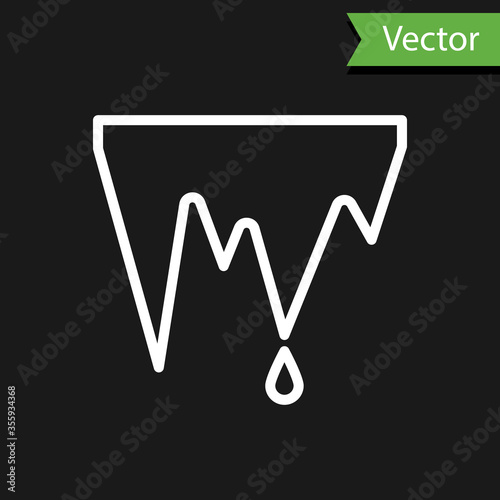 White line Icicle icon isolated on black background. Stalactite, ice spikes. Winter weather, snow crystals. Vector Illustration