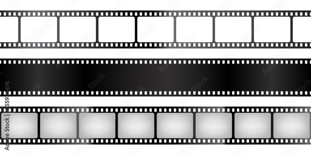 Film strips collection. Old retro cinema movie strip. Vector illustration. Video recording.