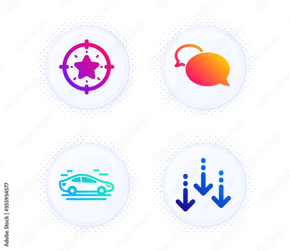 Car, Messenger and Star target icons simple set. Button with halftone dots. Scroll down sign. Transport, Speech bubble, Winner award. Swipe screen. Business set. Gradient flat car icon. Vector