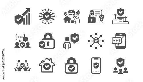 Fototapeta Naklejka Na Ścianę i Meble -  Security icons set. Cyber lock, password, unlock. Guard, shield, home security system icons. Electronic check, firewall. Internet protection, phone password. Quality set. Vector