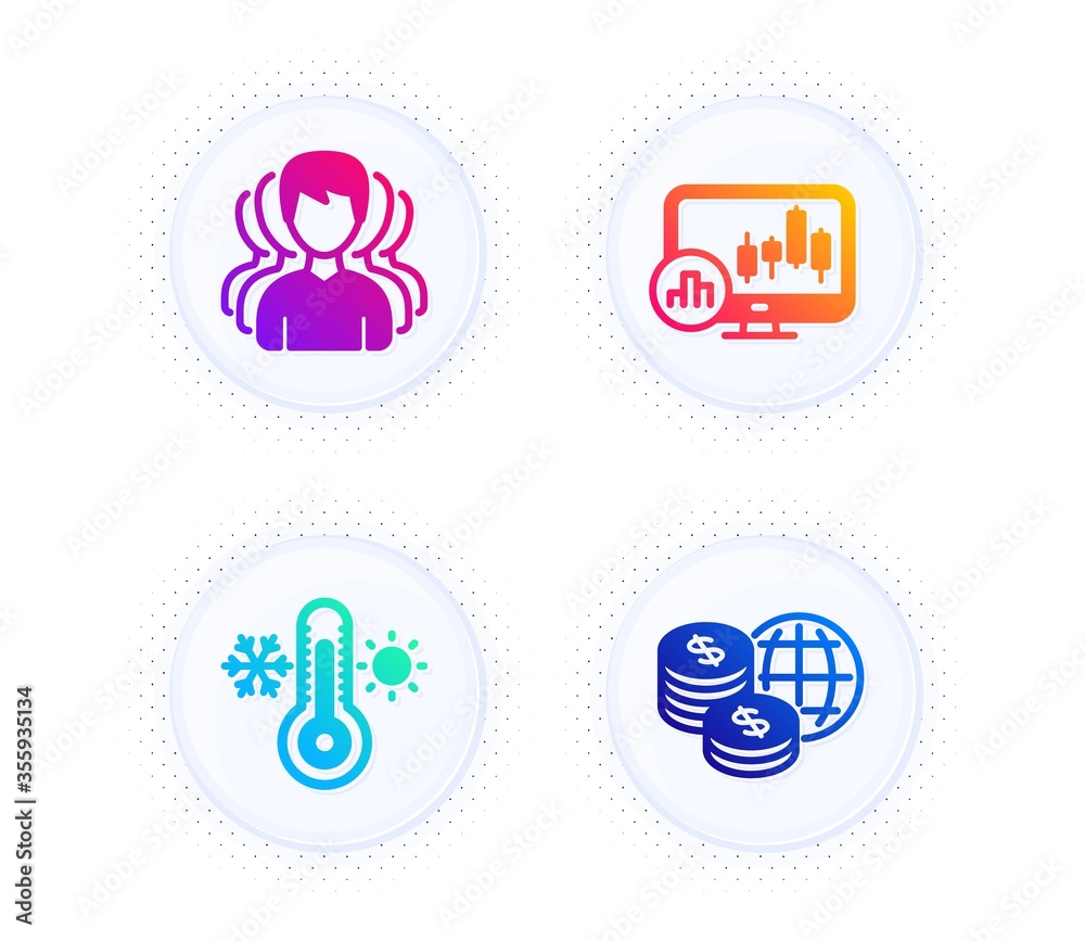 Thermometer, Group and Candlestick chart icons simple set. Button with halftone dots. World money sign. Thermostat, Headhunting service, Report analysis. Global markets. Business set. Vector