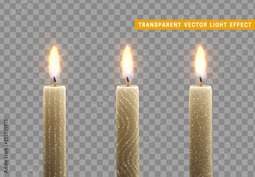 Candles burn with fire. Set of paraffin candles realistic isolated on transparent background. Element for design decor, vector illustration