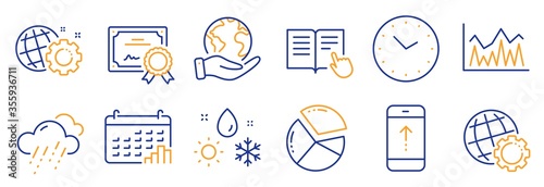 Set of Science icons, such as Pie chart, Weather. Certificate, save planet. Calendar graph, Seo gear, Rainy weather. Swipe up, Read instruction, Time. Globe, Investment line icons. Vector