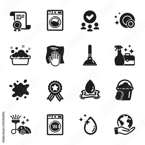 Set of Cleaning icons, such as Water splash, Sponge. Certificate, approved group, save planet. Dirty spot, Washing machine, Cleanser spray. Plunger, Dryer machine, Water drop. Vector