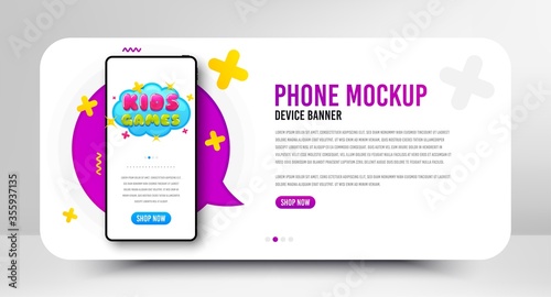 Kids games icon. Phone screen mockup banner. Fun playing zone banner. Children games party area icon. Social media banner with smartphone screen. Shopping mockup web template. Vector