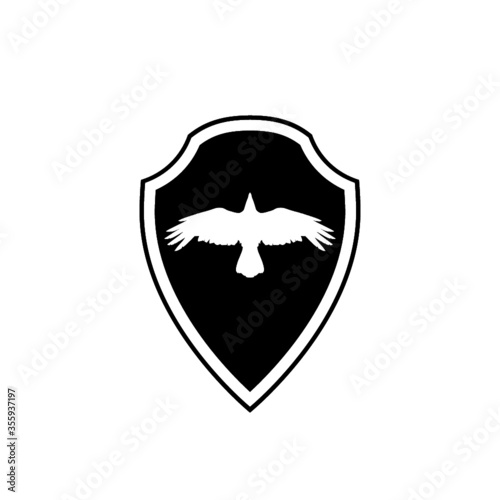 Silhouette raven bird. Crow shield design flat animal illustration isolated on white background