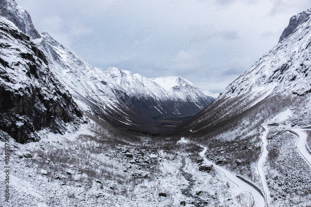 stunningly beautiful winter view of Norwegian road. Trollstigen