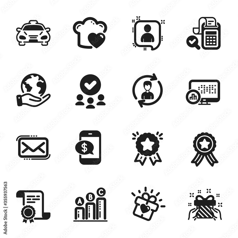 Set of Business icons, such as Human resources, Messenger mail. Certificate, approved group, save planet. Bill accounting, Love gift, Love cooking. Report statistics, Gift, Developers chat. Vector