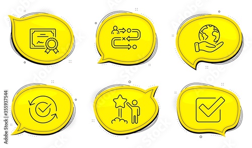 Checkbox sign. Diploma certificate, save planet chat bubbles. Journey path, Approved and Star line icons set. Project process, Refresh symbol, Launch rating. Approved tick. Business set. Vector