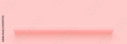 Pink 3d shelf on the wall. Wooden horizontal realistic empty shelf