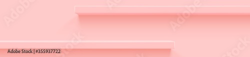 Pink 3d shelf on the wall. Wooden horizontal realistic empty shelf