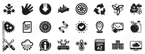 Turbine, Wind, Thermostat icons. Company building, Vocabulary, Profits timeline icons. Tree, Bacteria, Healthy food. Company chart, wind turbine. Cloud services, Timeline, Download. Vector