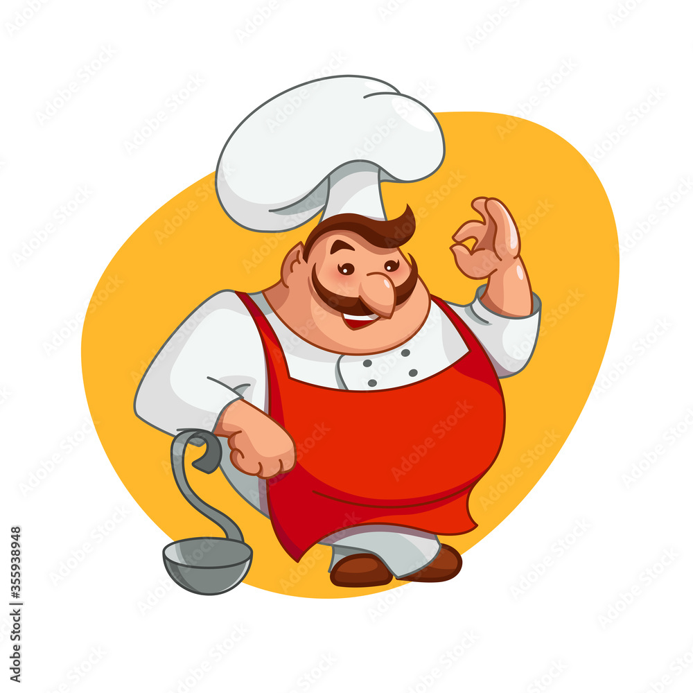 Chef illustration. Smiling man character on kitchen in chef's hat. Cooking  tasty food, ok hand gesture sign, isolated on white background. Funny cute  cartoon for menu, logo cook, flat style, vector Stock