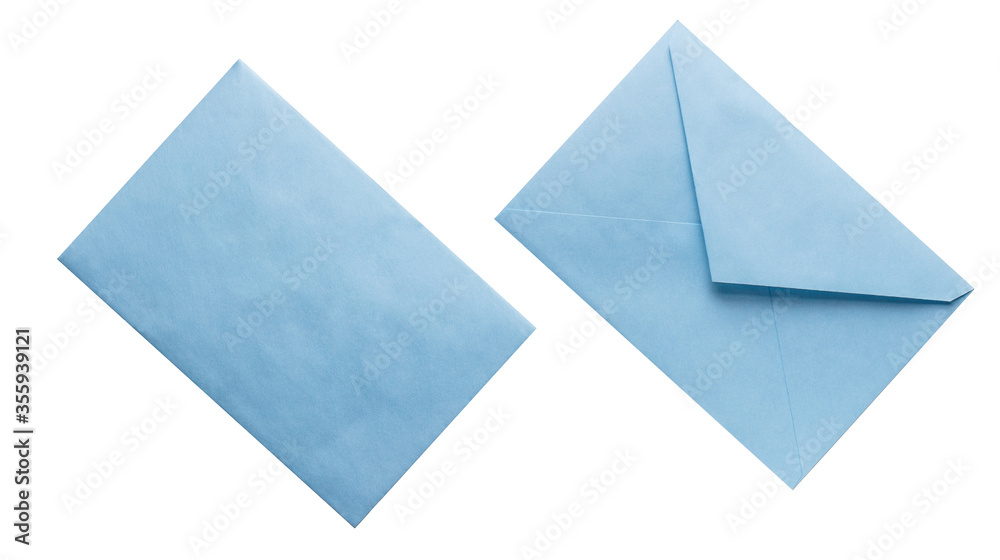 blank of blue paper envelope on both sides, isolated on white