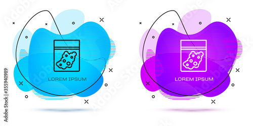 Line Plastic bag of medicinal cannabis icon isolated on white background. Health danger. Abstract banner with liquid shapes. Vector Illustration