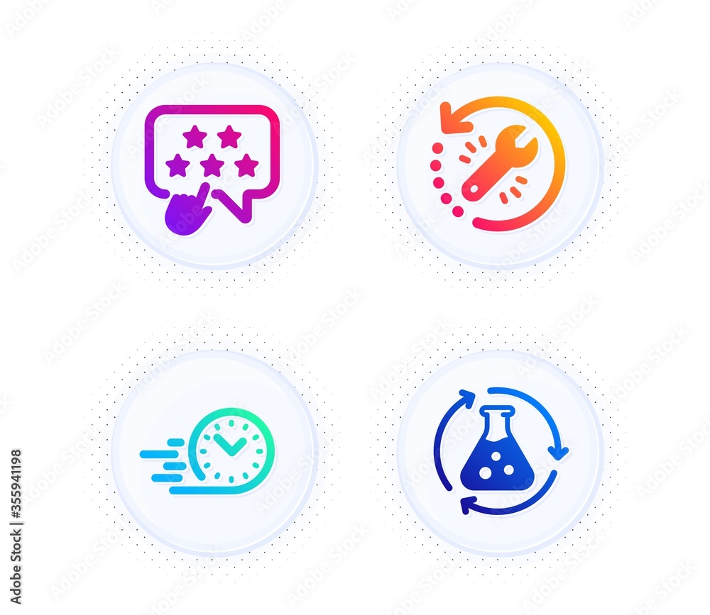 Ranking star, Recovery tool and Fast delivery icons simple set. Button with halftone dots. Chemistry experiment sign. Click rank, Backup info, Stopwatch. Laboratory flask. Technology set. Vector