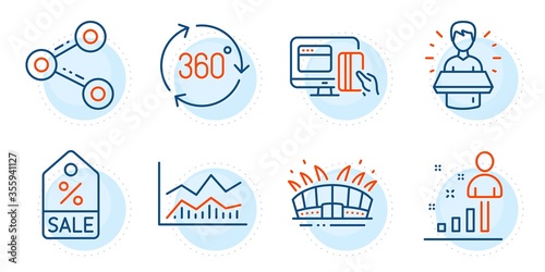 Sale coupon, Online payment and Brand ambassador signs. Share, 360 degree and Arena stadium line icons set. Trade infochart, Stats symbols. Follow network, Virtual reality. Business set. Vector