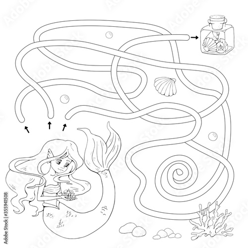 Labyrinth. Maze game for kids. Help  cute cartoon mermaid find path to glass jar with various shells. White and black vector illustration for coloring book.
