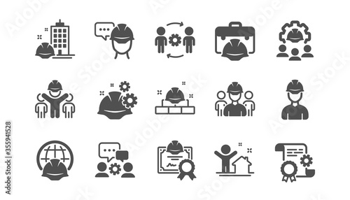 Engineering icons set. Technical documentation, People and Teamwork. Blueprint with gear, engineer and construction helmet set icons. Technician, industrial people, engineering process. Vector