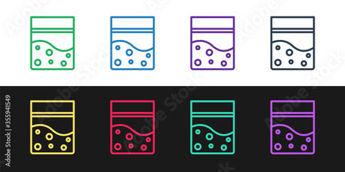 Set line Plastic bag of medicinal cannabis icon isolated on black and white background. Health danger. Vector Illustration