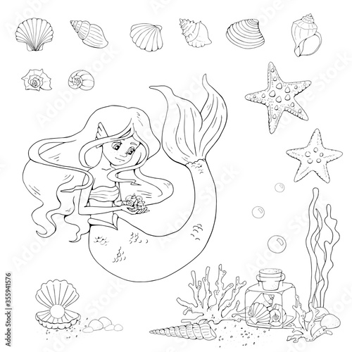 Cute cartoon mermaid, starfish, glass jar with various shells and seaweed. Sea theme. Isolated objects on white background. White and black vector illustrations for coloring book.