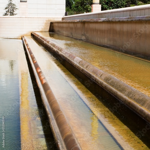 Flowing water down the steps.