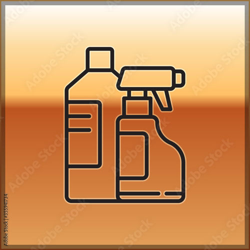 Black line Plastic bottles for laundry detergent, bleach, dishwashing liquid or another cleaning agent icon isolated on gold background. Vector Illustration