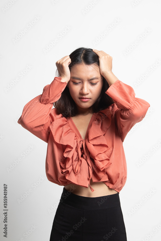 Young Asian woman got sick and headache . Young Asian woman got sick and headache .