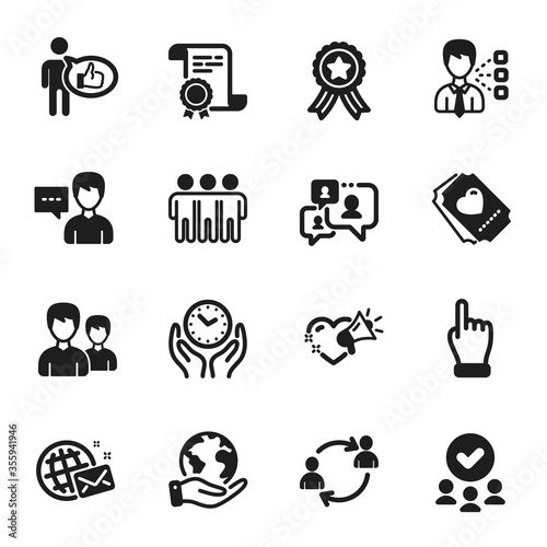 Set of People icons, such as Love ticket, Support chat. Certificate, approved group, save planet. Friendship, Third party, Person talk. User communication, Love message, Couple. Vector