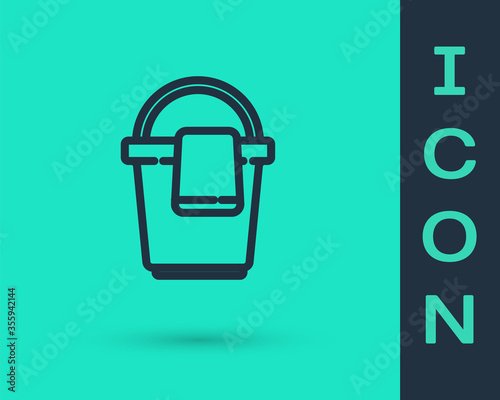 Black line Bucket with rag icon isolated on green background. Cleaning service concept. Vector Illustration