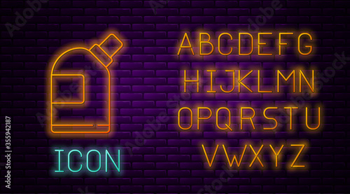 Glowing neon line Plastic bottles for laundry detergent, bleach, dishwashing liquid or another cleaning agent icon isolated on brick wall background. Neon light alphabet. Vector Illustration
