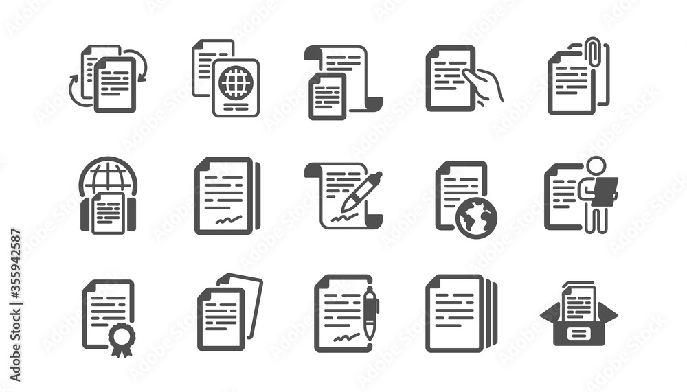 Documents icons set. Contract agreement, Copy files, Passport. CV interview, documents workflow, attachment clip icons. Change files, wrong document, bureaucracy and contract signature. Vector
