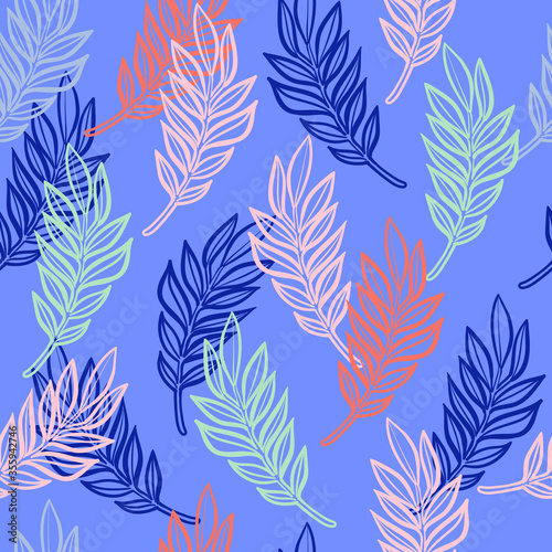 Seamless pattern with leaves on blue backdround