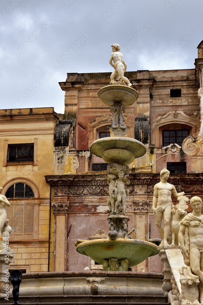 Fountain of shame on the baroque Pretoria square in Palermo, Sicily.