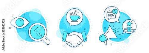 Coffee cup, Winner podium and Increasing percent line icons set. Handshake deal, research and promotion complex icons. New sign. Hot drink, First place, Discount. Business set. Vector