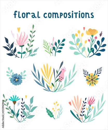 Set of vector floral compositions - flowers, leaves, berries. Vector design elements, clip art isolated on white background.