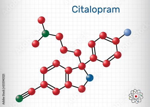 Citalopram, C20H21FN2O molecule. It is is antidepressant, selective serotonin reuptake inhibitor (SSRI) class, is widely used to treat symptoms of depression. Sheet of paper in a cage.