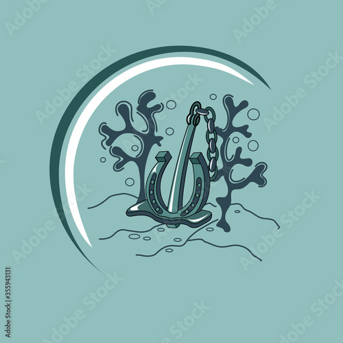 Anchor in the form of a horseshoe at the bottom of the ocean.Vector illustration. Tattoo. Logo.