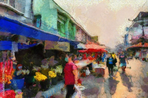 Food market in the city in the provinces of Thailand Illustrations creates an impressionist style of painting. © Kittipong