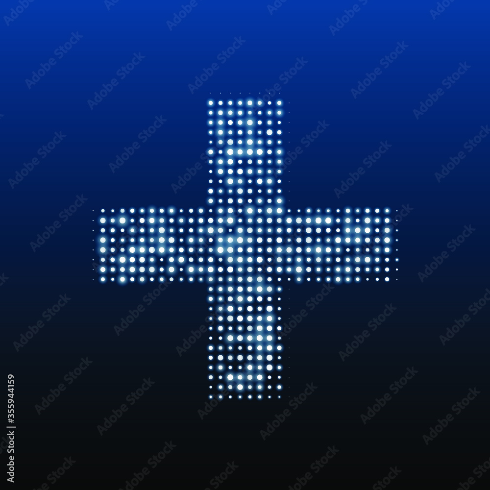 Fototapeta premium The plus symbol is evenly filled with white dots of different sizes. Vector illustration on blue background