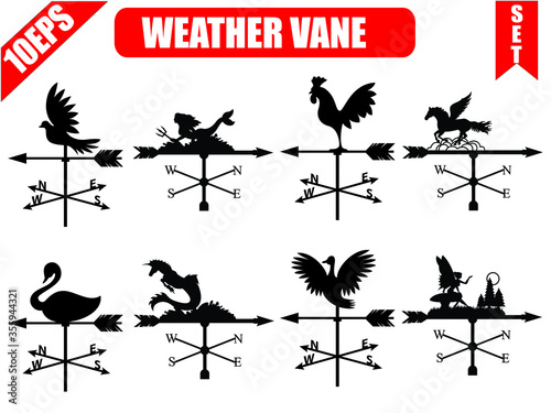 Weather vane silhouette, set icons. Windvane, weathervane symbol or logo. Vintage vector illustration