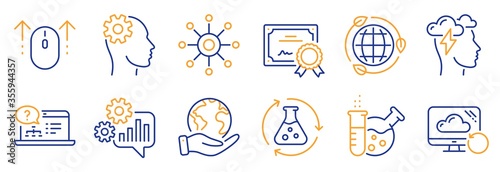 Set of Science icons, such as Cogwheel, Swipe up. Certificate, save planet. Chemistry experiment, Chemistry lab, Mindfulness stress. Eco energy, Online help, Engineering. Vector