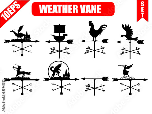 Weather vane silhouette  set icons. Windvane  weathervane symbol or logo. Vintage vector illustration