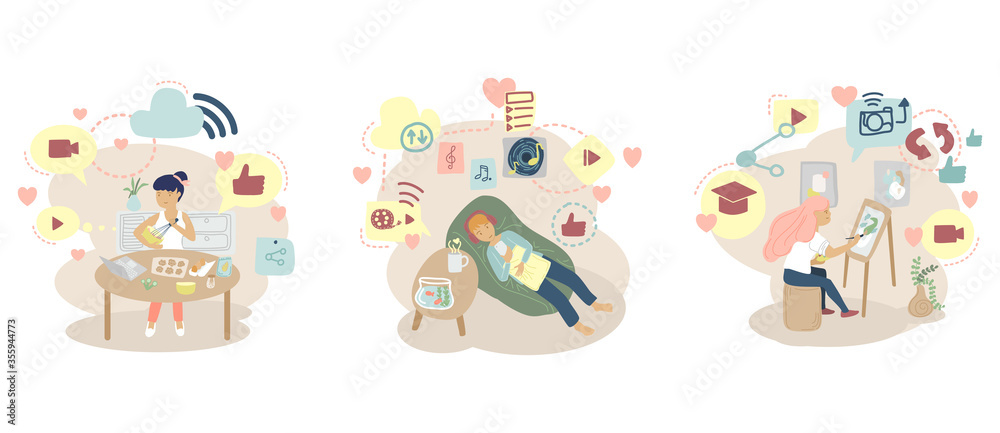 Colorful cute flat design illustration in theme of Stay Connected. Woman and man do leisure activities. home cooking, Listening to music, Drawing. Cloud technology, love, like, share,live,relaxation Colorful cute flat design illustration in theme of Stay Connected. Woman and man do leisure activities. home cooking, Listening to music, Drawing. Cloud technology, love, like, share,live,relaxation