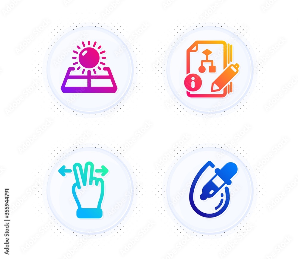 Touchscreen gesture, Algorithm and Sun energy icons simple set. Button with halftone dots. Eye drops sign. Swipe, Project, Solar panels. Pipette. Business set. Vector