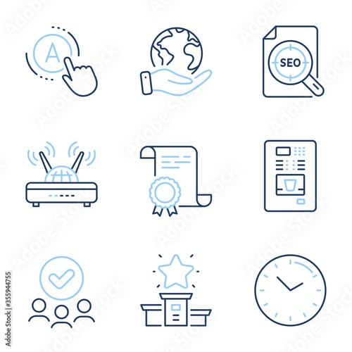 Time, Ab testing and Coffee vending line icons set. Diploma certificate, save planet, group of people. Winner podium, Seo file and Wifi signs. Clock, A test, Coffee vending machine. Vector